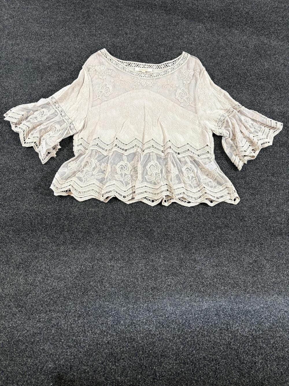 Rebellion Again Blouse Womens L White Lace Crochet Bell Sleeve Tunic Top